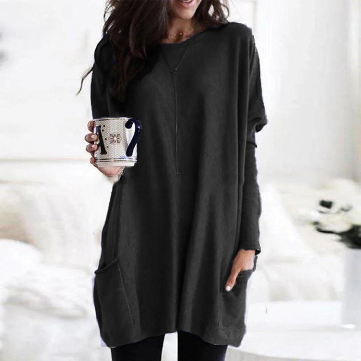 Women's Oversized Long-Sleeve Pocket Tunic Top Plus Size - Schwarz