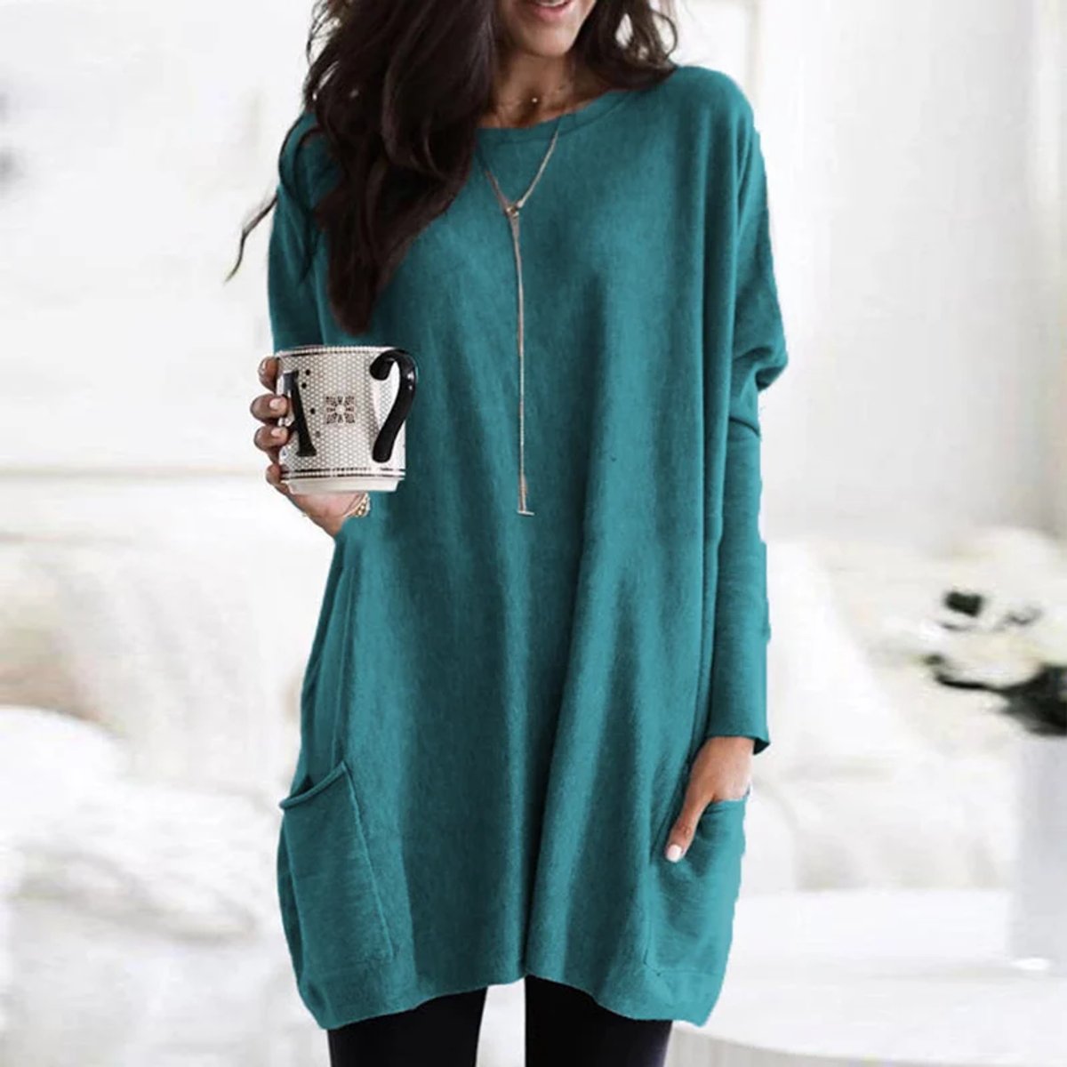 Women's Oversized Long-Sleeve Pocket Tunic Top Plus Size - Türkis