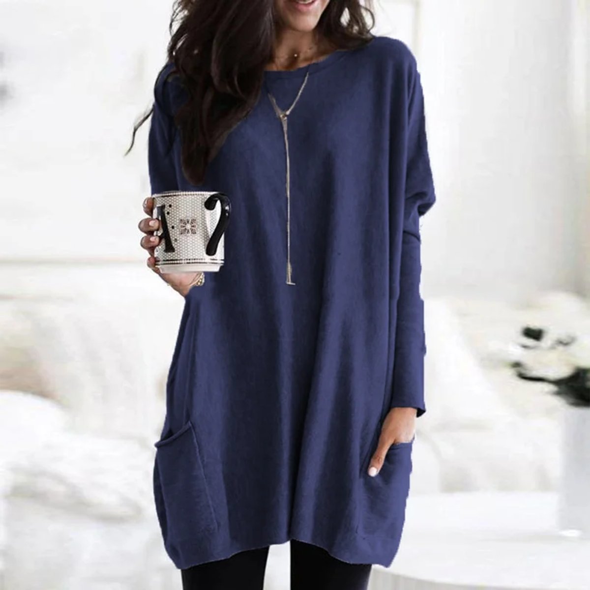 Women's Oversized Long-Sleeve Pocket Tunic Top Plus Size - Marineblau