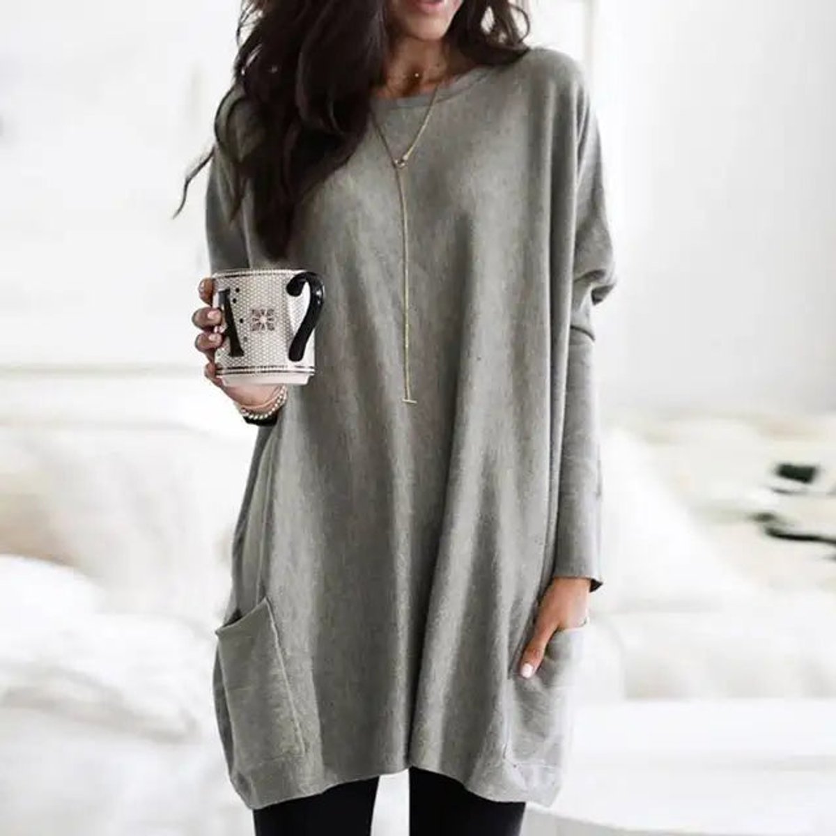 Women's Oversized Long-Sleeve Pocket Tunic Top Plus Size