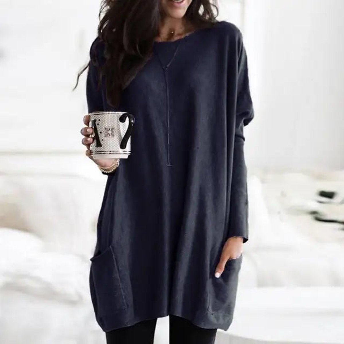 Women's Oversized Long-Sleeve Pocket Tunic Top Plus Size