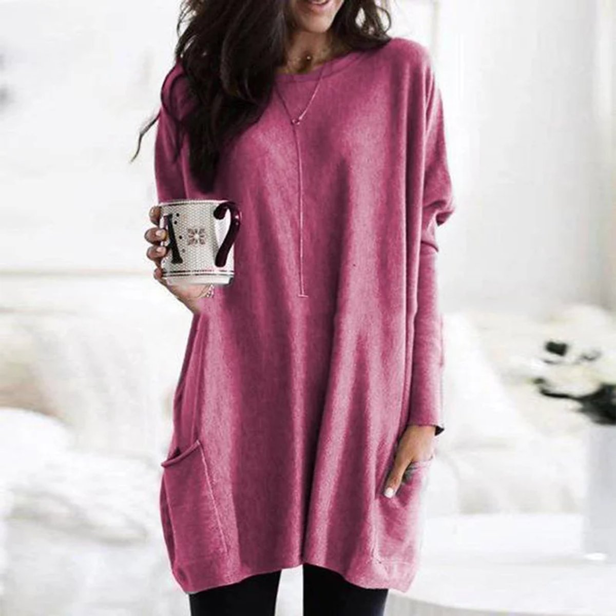 Women's Oversized Long-Sleeve Pocket Tunic Top Plus Size - Rosa