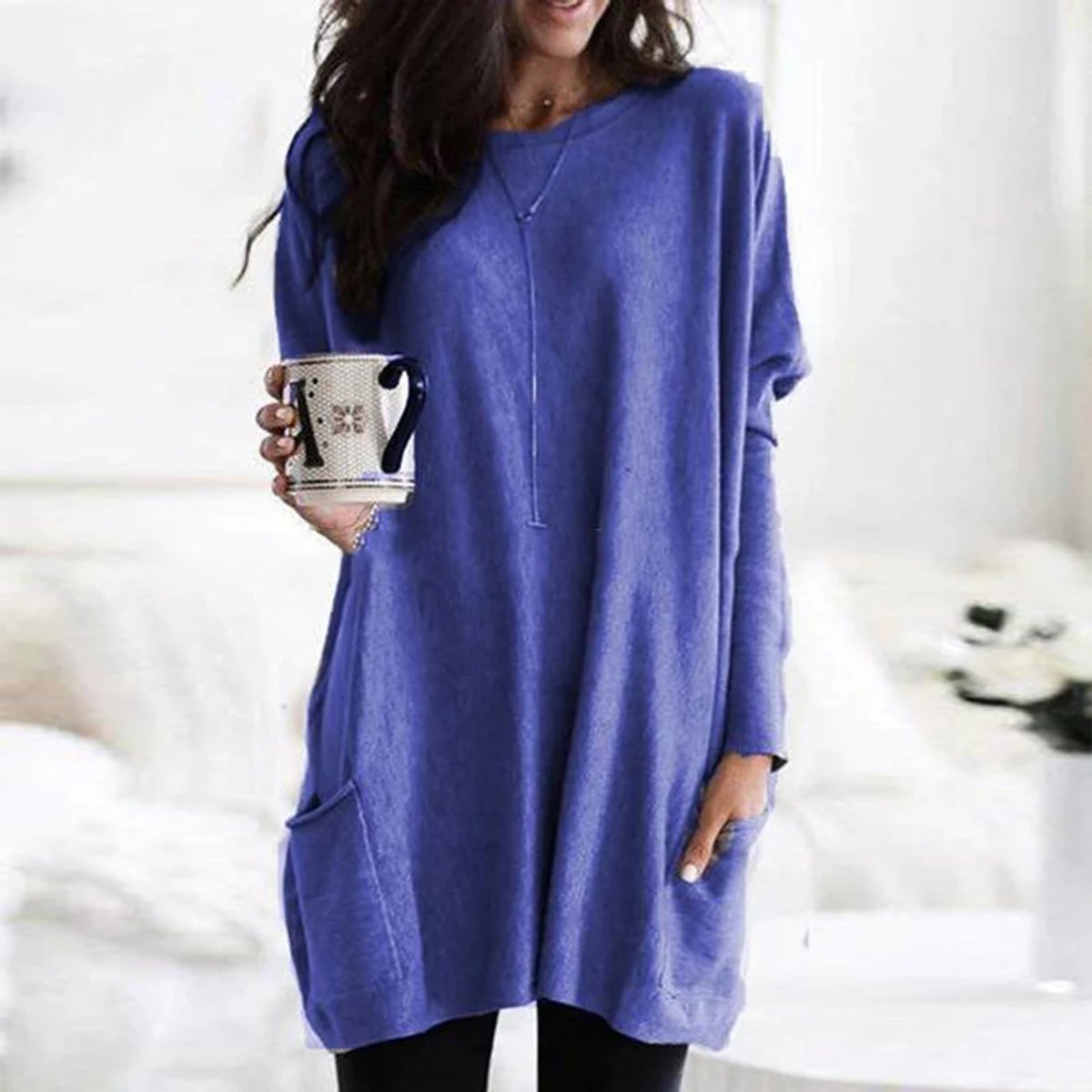 Women's Oversized Long-Sleeve Pocket Tunic Top Plus Size - Blau