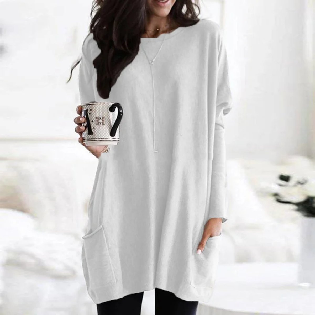 Women's Oversized Long-Sleeve Pocket Tunic Top Plus Size - Weiß