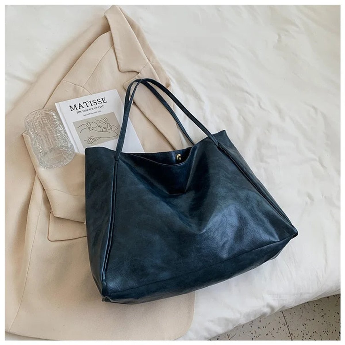 Women's Oversized Retro Faux Leather Shoulder Tote Bag - Blau