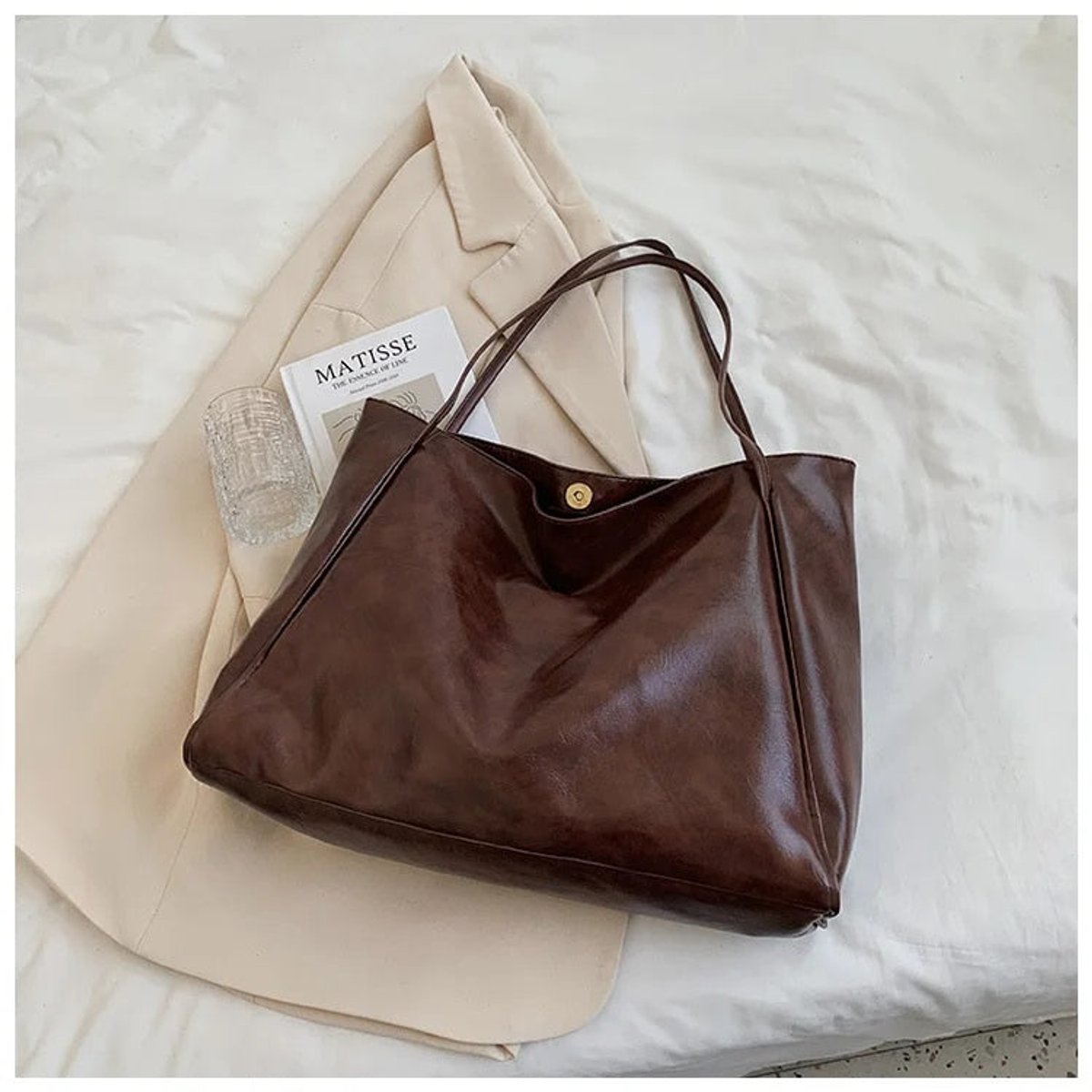 Women's Oversized Retro Faux Leather Shoulder Tote Bag - Kaffee