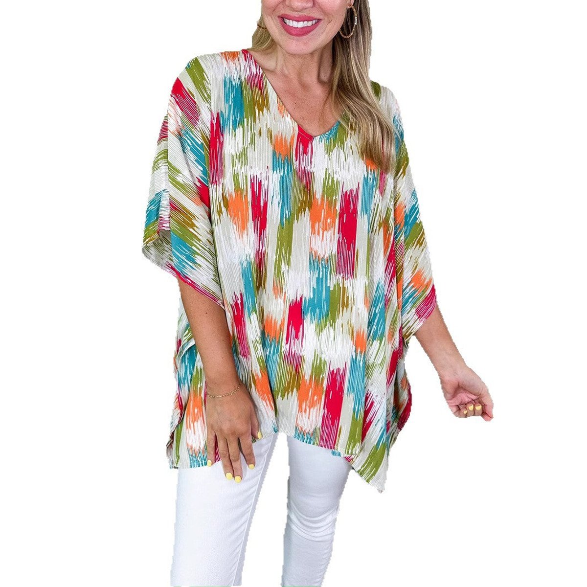 Women's Oversized V-Neck Colorful Print Relaxed Tunic Top