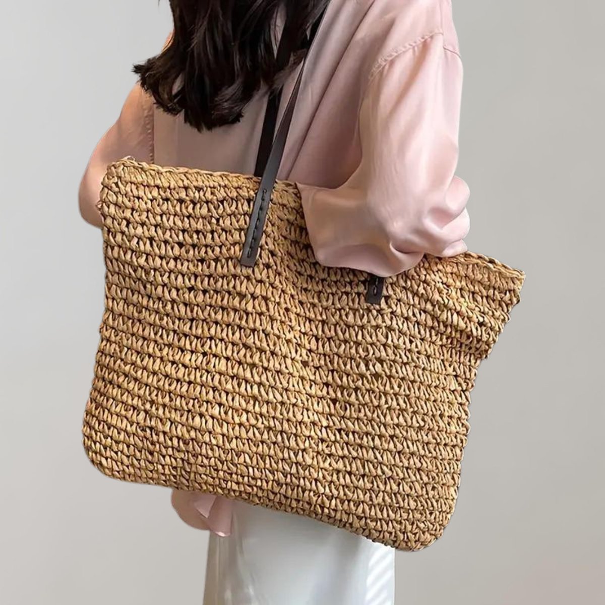 Women's Oversized Woven Raffia Bohemian Shoulder Tote Bag - Khaki