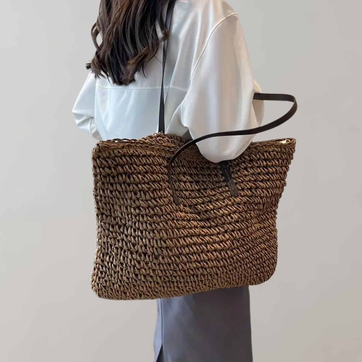 Women's Oversized Woven Raffia Bohemian Shoulder Tote Bag - Kaffee