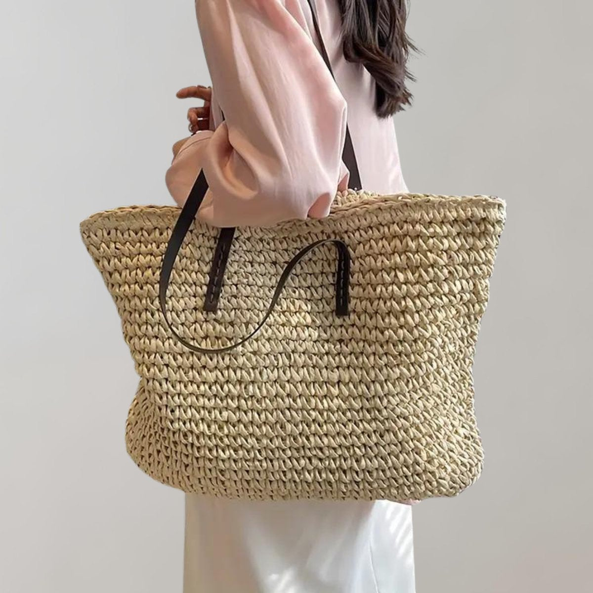 Women's Oversized Woven Raffia Bohemian Shoulder Tote Bag - Beige