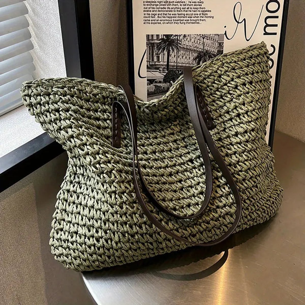 Women's Oversized Woven Raffia Bohemian Shoulder Tote Bag