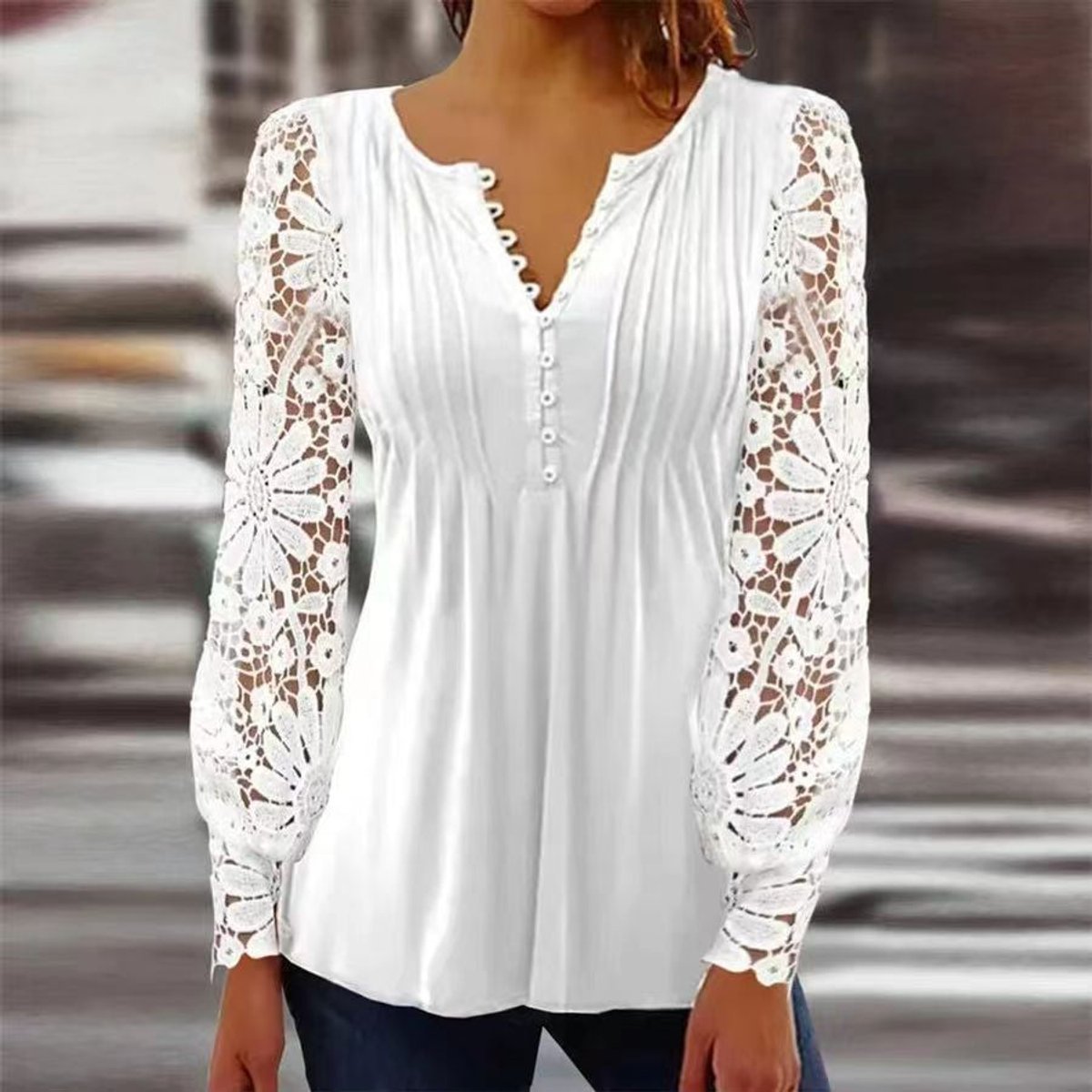 Women's Relaxed-Fit Floral Long-Sleeve Henley Blouse - Wit