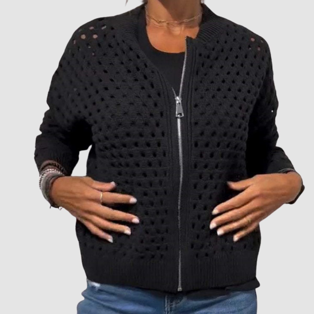 Women's Relaxed-Fit Hollow-Knit Zip-Up Cardigan - Black