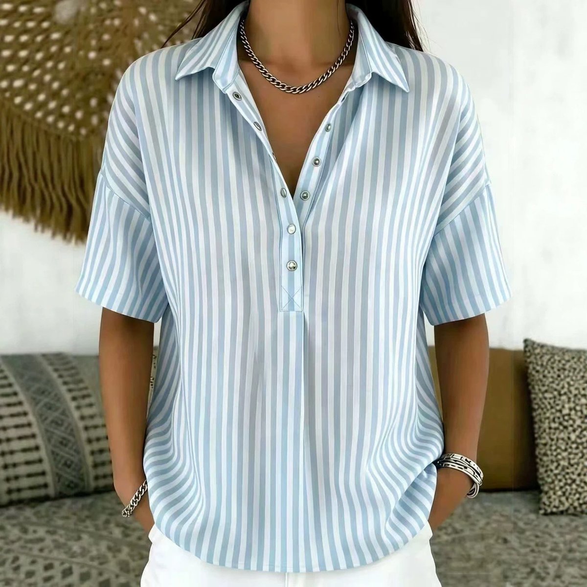 Women's Relaxed-Fit Striped Short-Sleeve Collared Blouse - Blue