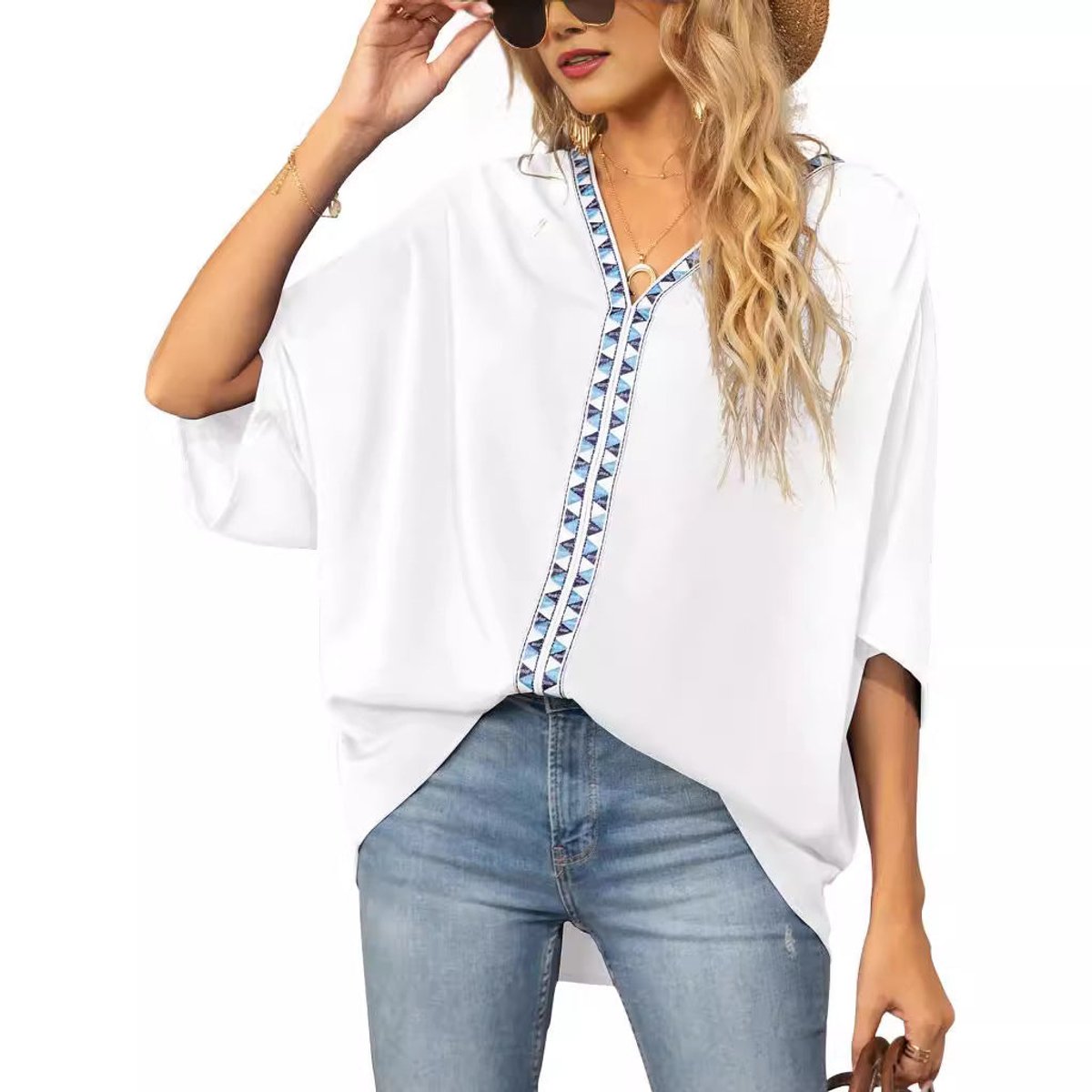 Women's Relaxed-Fit V-Neck Geometric Trim Oversized Tunic Top