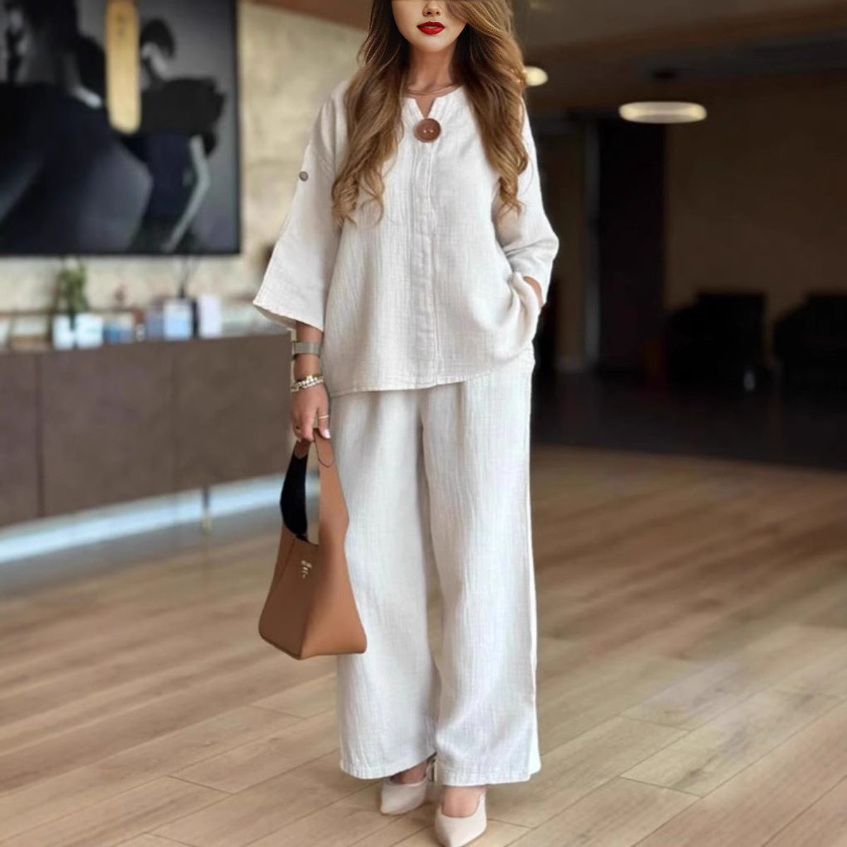 Women's Relaxed Linen-Look Tunic Wide-Leg Palazzo Pants Set