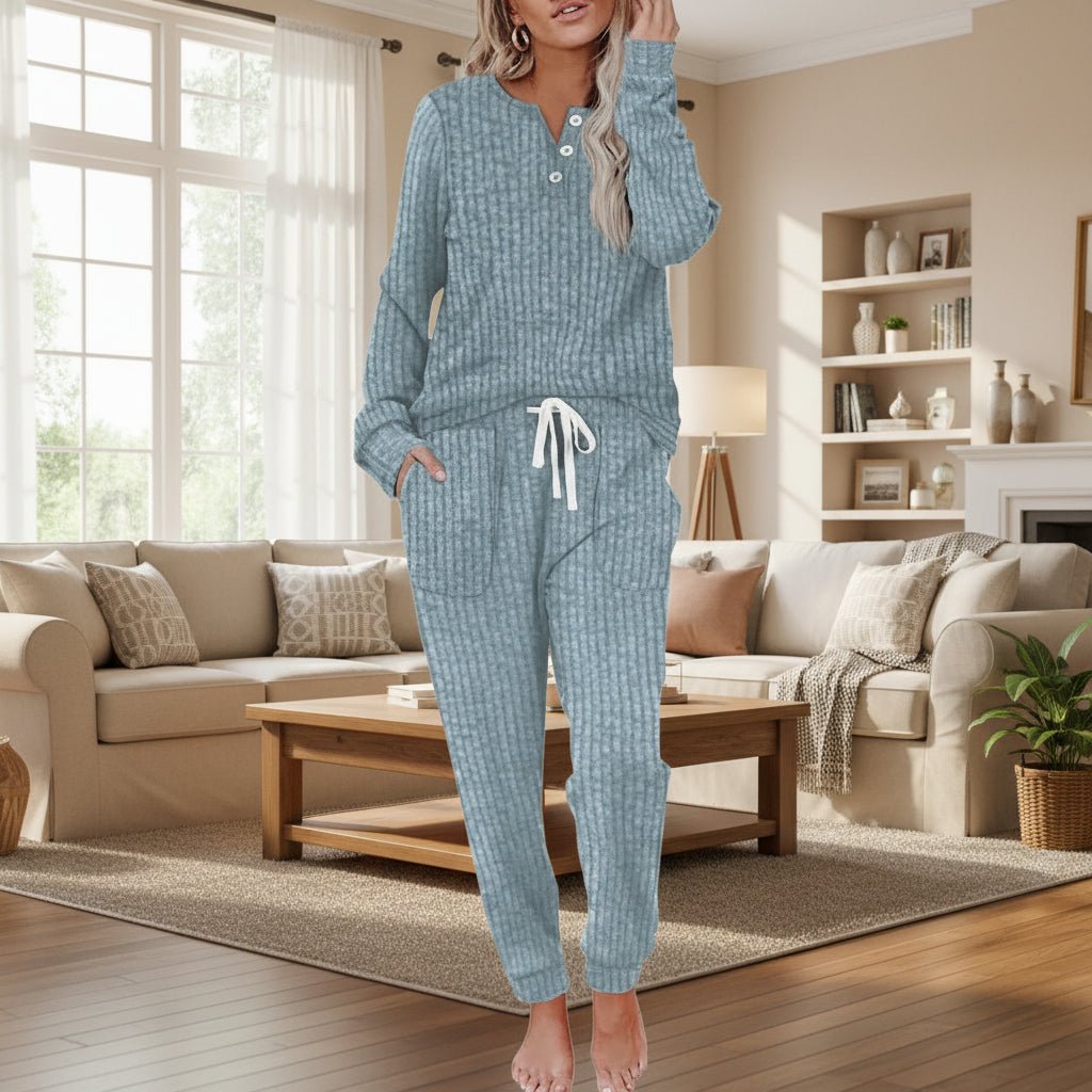 Women's Ribbed Long-Sleeve Button-Henley Drawstring Loungewear Set - Sea Blue