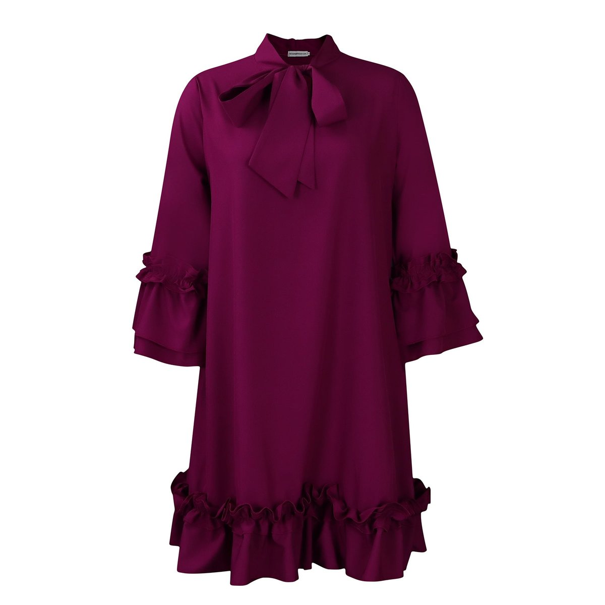 Women's Ruffle Bow-Tie Neck 3/4 Sleeve Tunic Mini Dress - Purpur