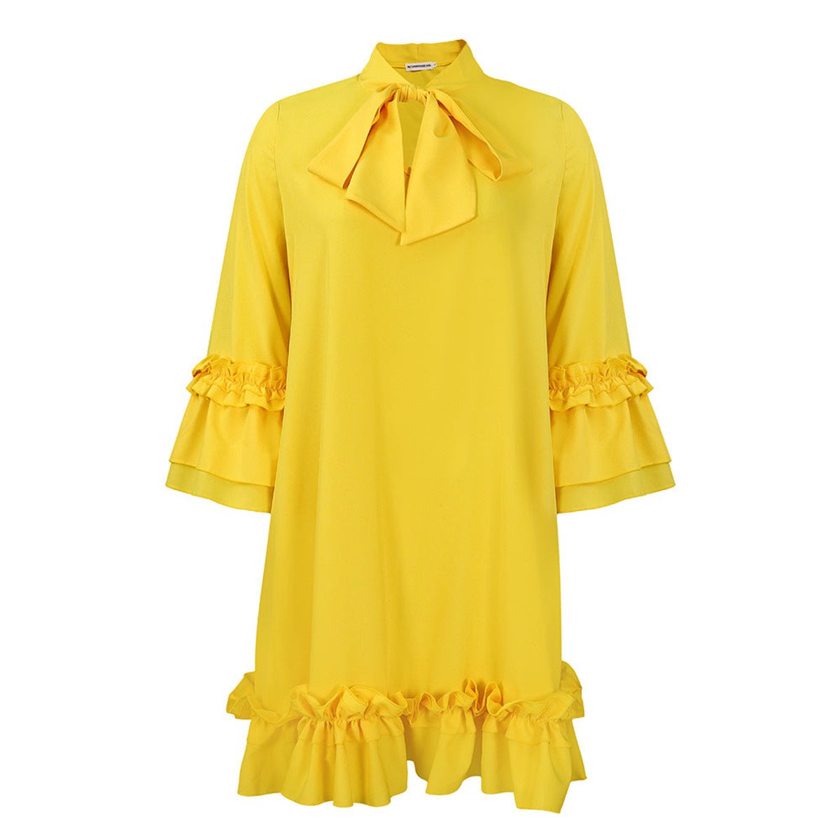 Women's Ruffle Bow-Tie Neck 3/4 Sleeve Tunic Mini Dress - Gelb