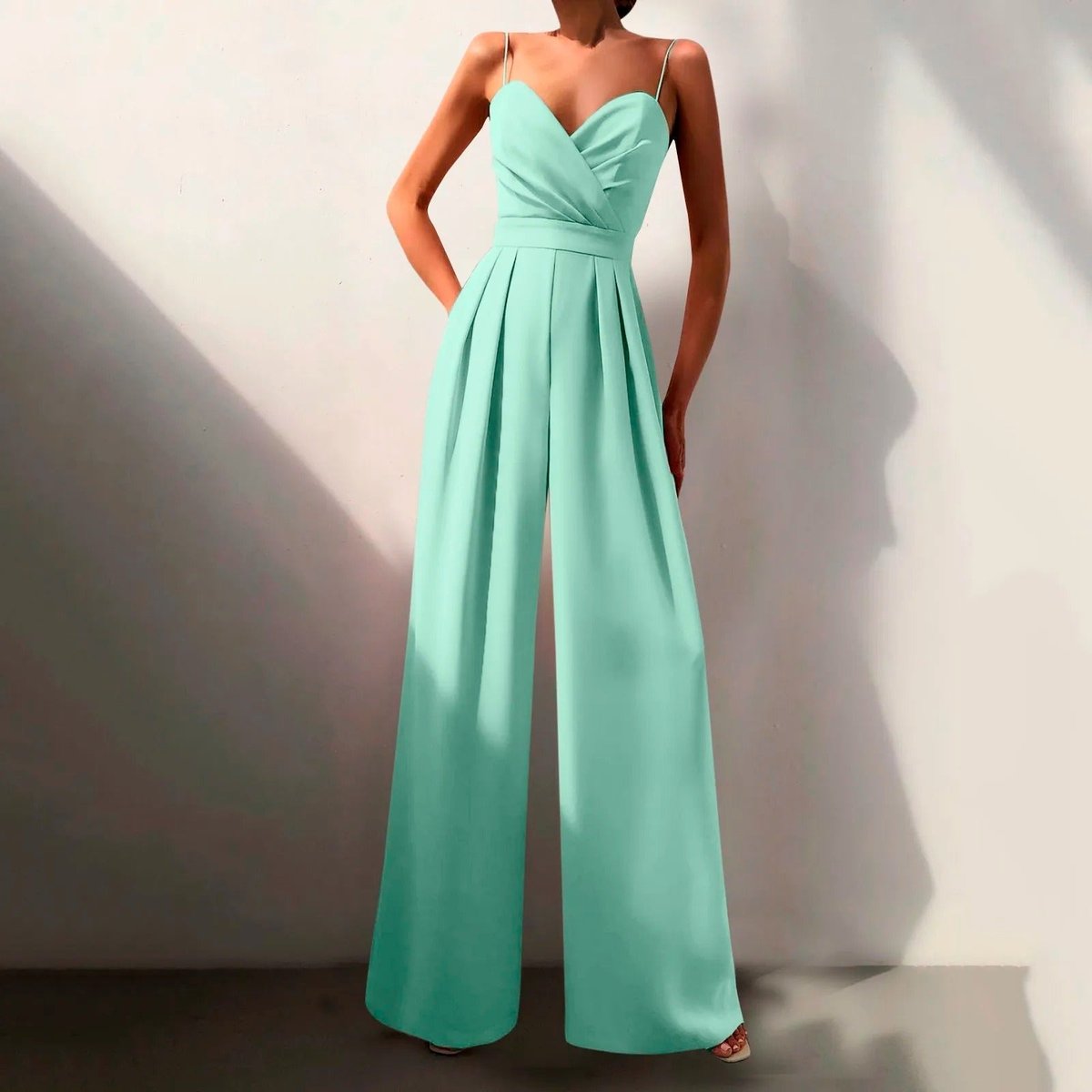 Women's Sweetheart Spaghetti Strap Wide Leg Pants Formal Jumpsuit - Green