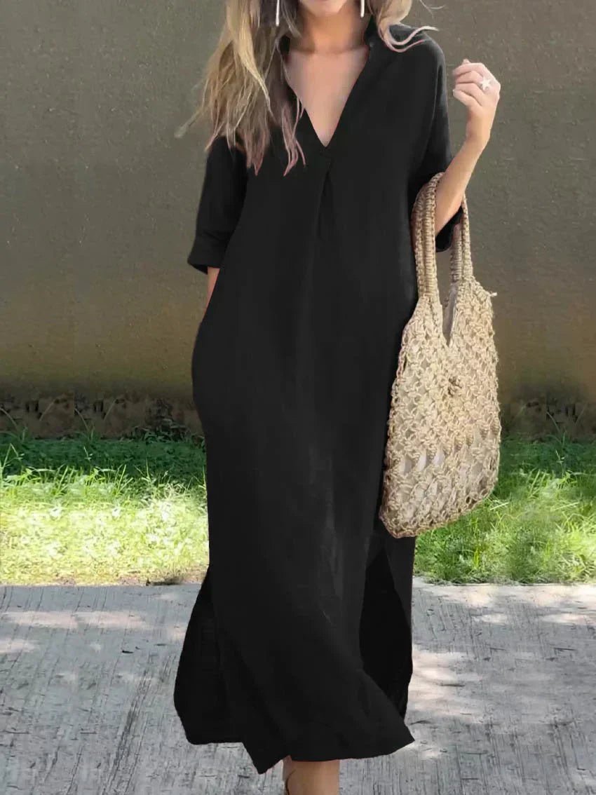 Women's V-Neck 3/4 Sleeve Relaxed-Fit Cotton Linen Maxi Dress - Black (Almost sold out)