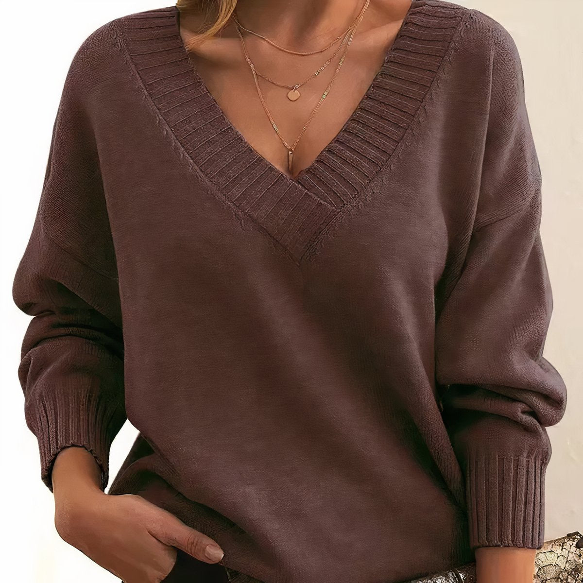 Women's V-Neck Long Sleeve Relaxed Knit Sweater - Auburn