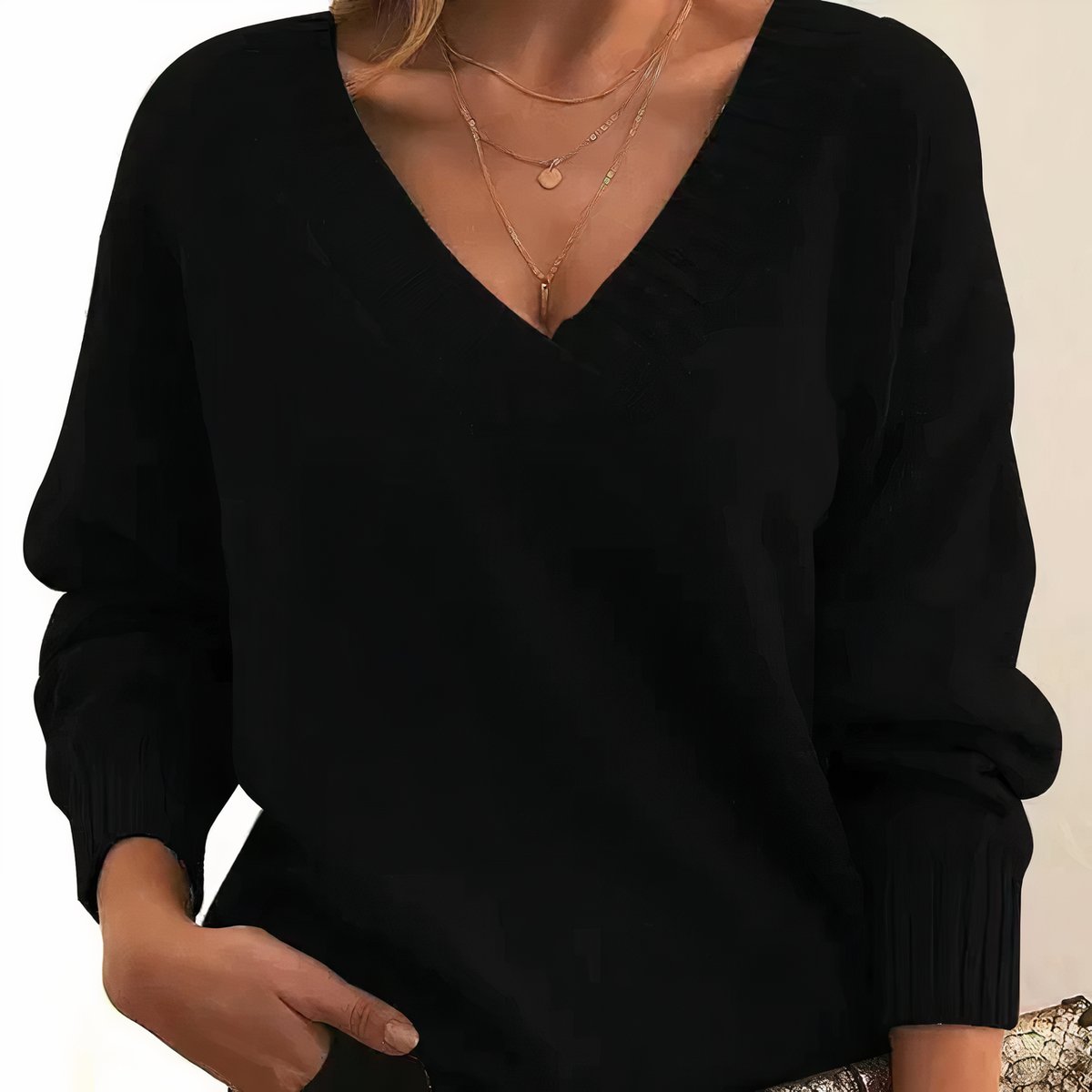 Women's V-Neck Long Sleeve Relaxed Knit Sweater - Black