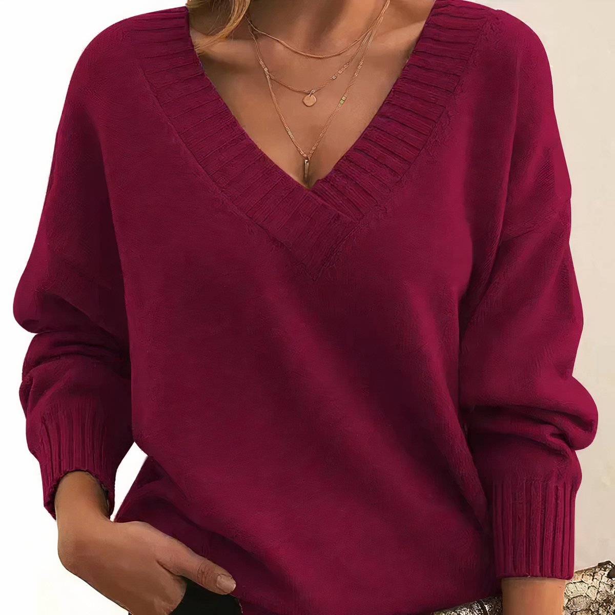 Women's V-Neck Long Sleeve Relaxed Knit Sweater - Red