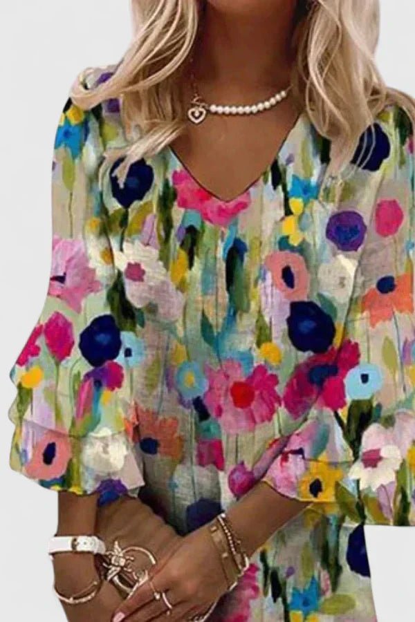 Women's Watercolor Floral V-Neck Ruffle-Sleeve Mini Shift Dress