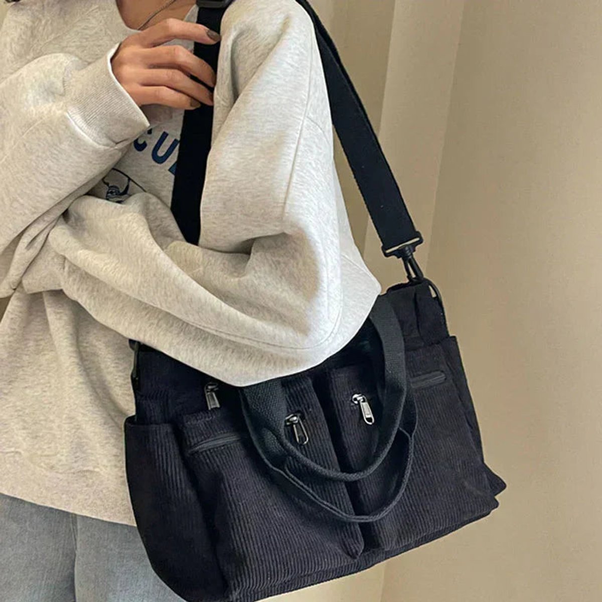 Corduroy Multi-Pocket Convertible Tote Bag