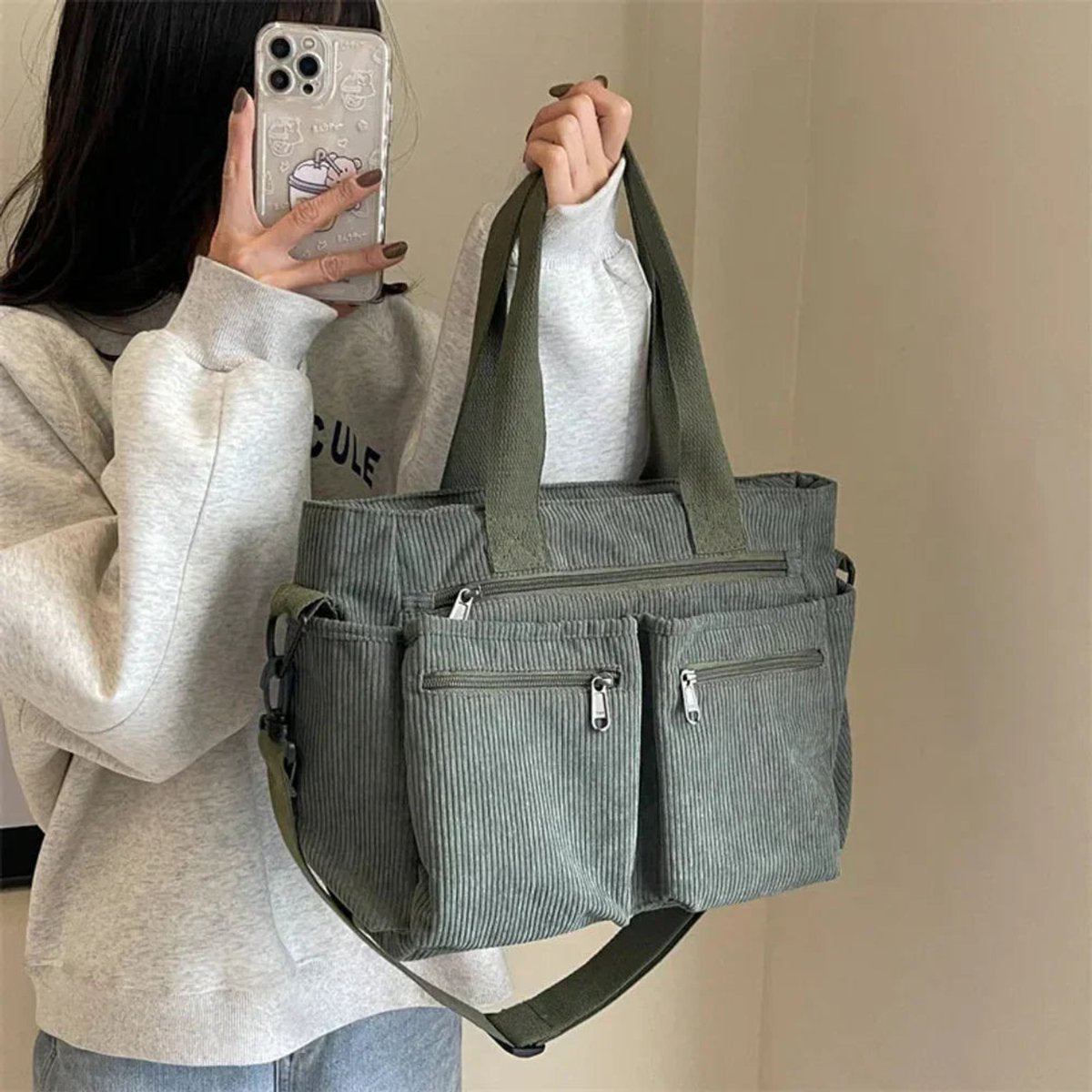 Corduroy Multi-Pocket Convertible Tote Bag