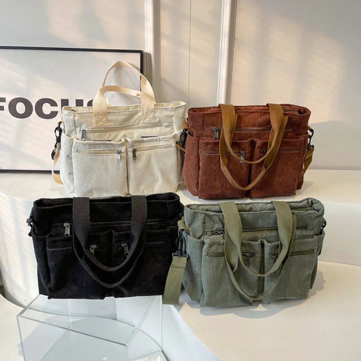 Corduroy Multi-Pocket Convertible Tote Bag