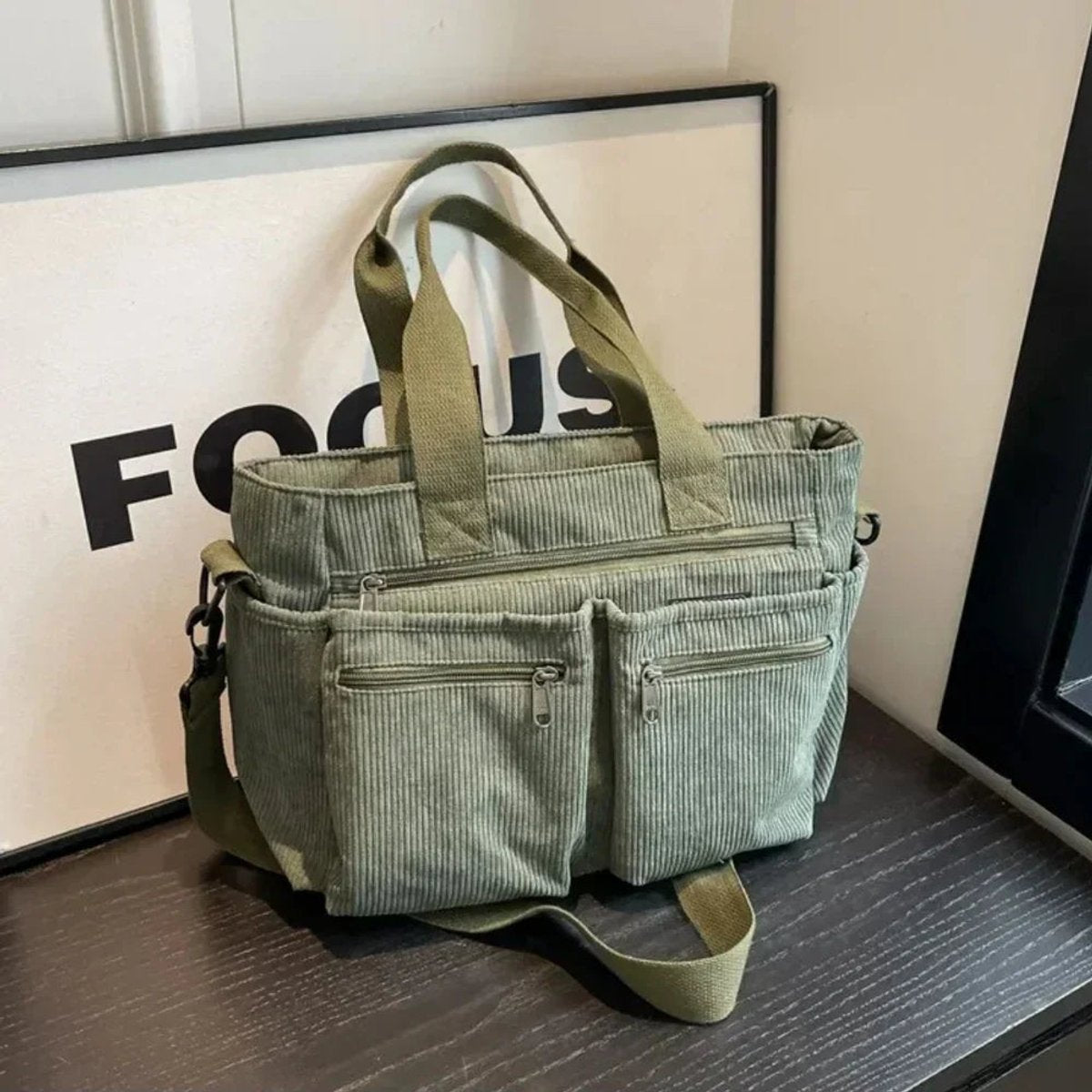 Corduroy Multi-Pocket Convertible Tote Bag - Grün