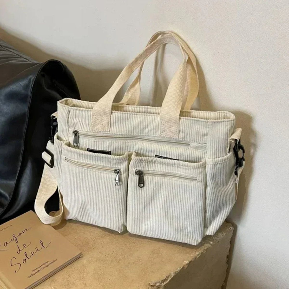 Corduroy Multi-Pocket Convertible Tote Bag - Beige