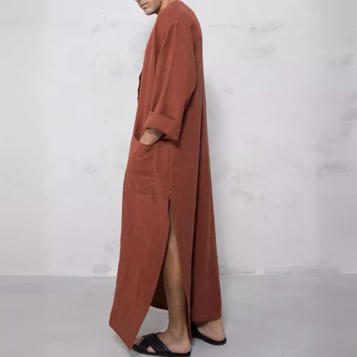 Men's Relaxed-Fit Linen Maxi Tunic Kaftan Button-Front