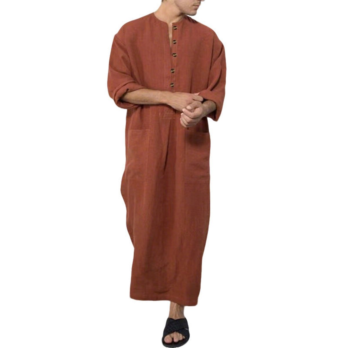 Men's Relaxed-Fit Linen Maxi Tunic Kaftan Button-Front - Braun
