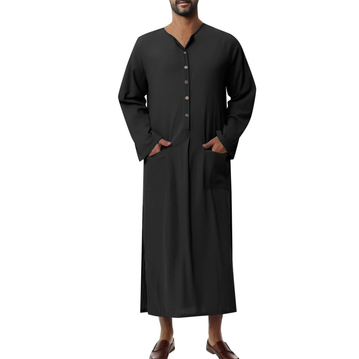 Men's Relaxed-Fit Linen Maxi Tunic Kaftan Button-Front - Schwarz
