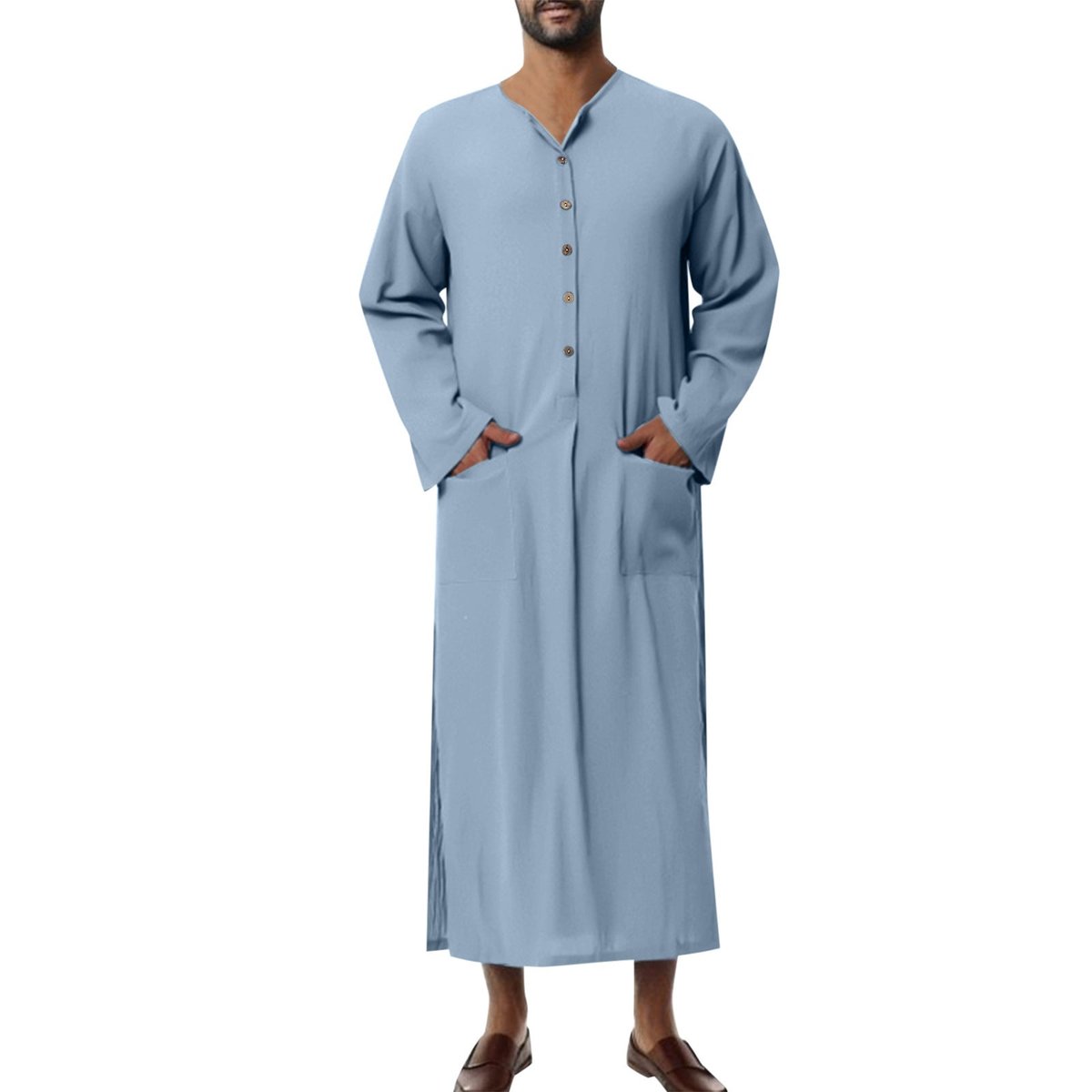 Men's Relaxed-Fit Linen Maxi Tunic Kaftan Button-Front - Hellblau