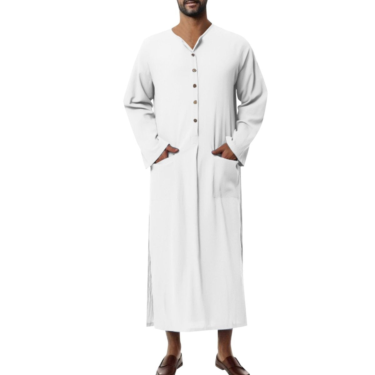 Men's Relaxed-Fit Linen Maxi Tunic Kaftan Button-Front - Weiß