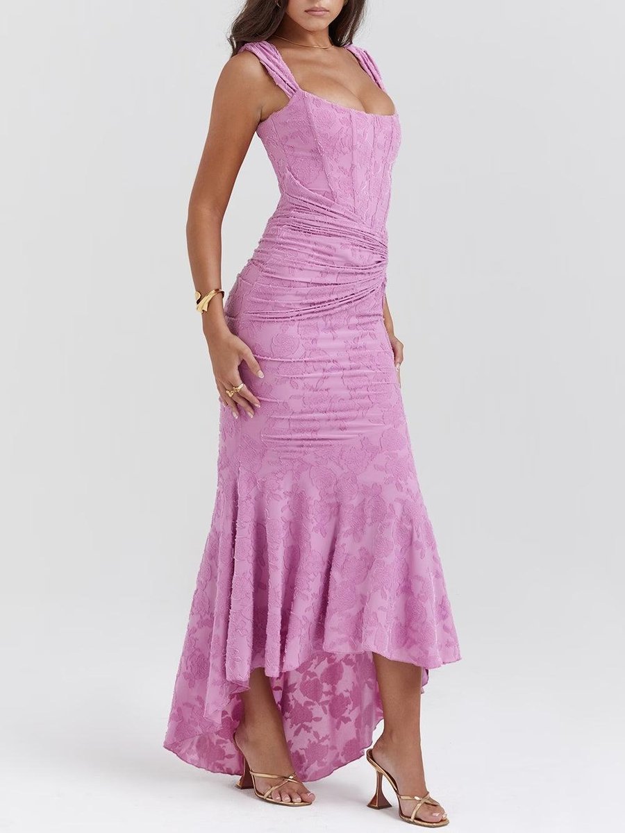 Mother of the Bride Dress Corset Ruched Mermaid Jacquard Midi - Purple-1