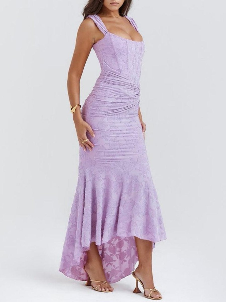 Mother of the Bride Dress Corset Ruched Mermaid Jacquard Midi - Purple-2