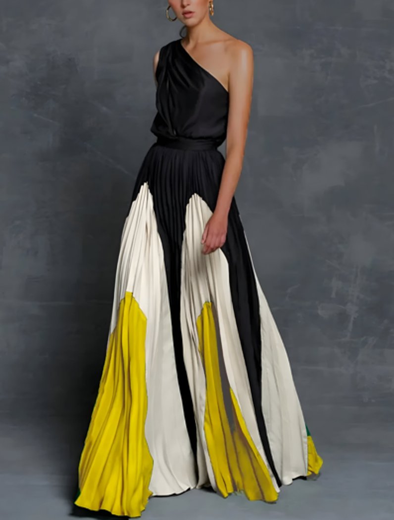 Mother of the Bride Dress One-Shoulder Color-Block Pleated Maxi Gown - Sunburst Monochrome Elegance
