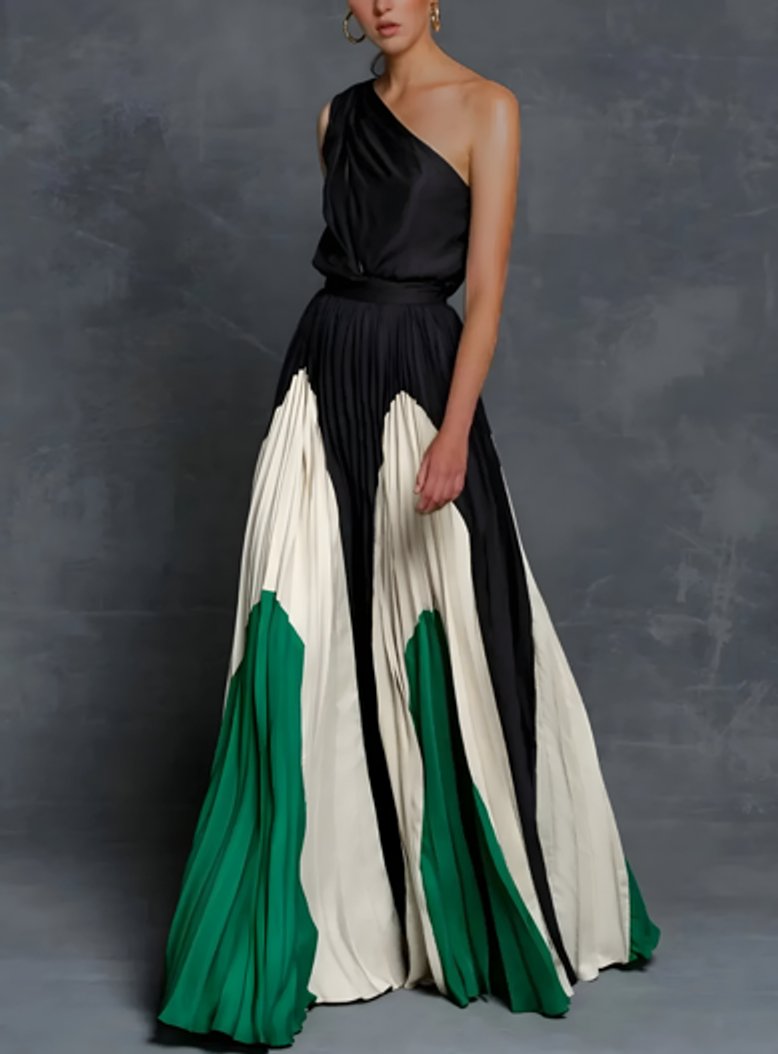 Mother of the Bride Dress One-Shoulder Color-Block Pleated Maxi Gown - Emerald Monochrome Elegance