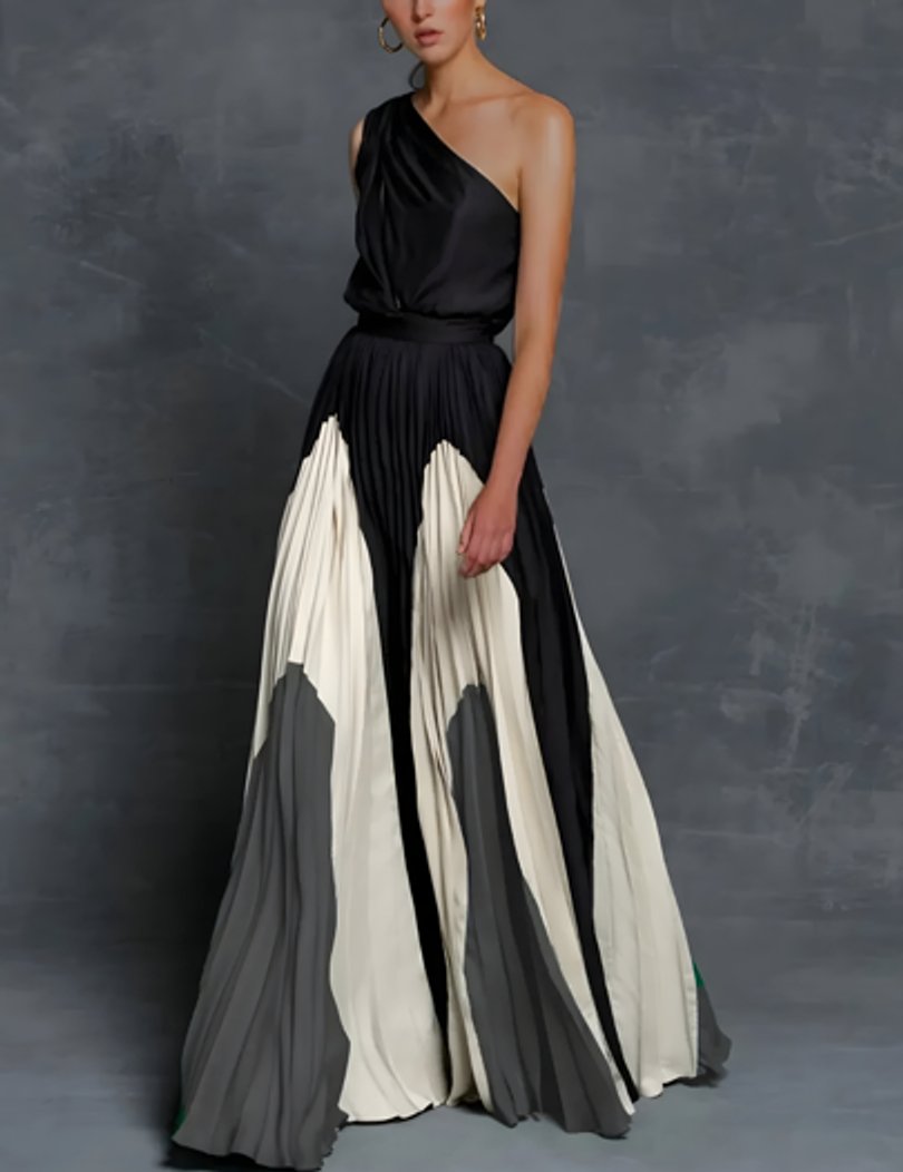 Mother of the Bride Dress One-Shoulder Color-Block Pleated Maxi Gown - Monochrome Wave Elegance