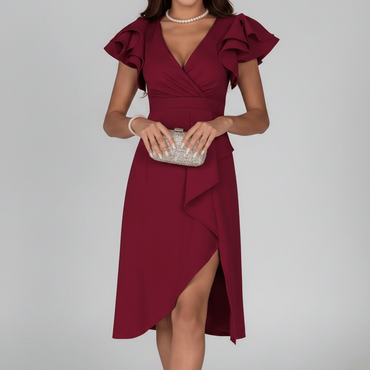 Mother of the Bride Dress Ruffle Sleeve Asymmetric Wrap Midi - Deep Red