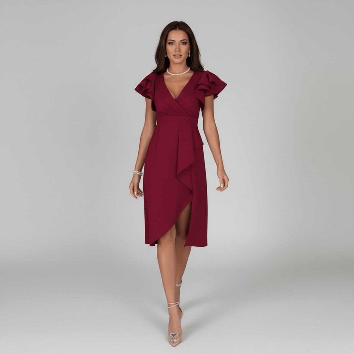 Mother of the Bride Dress Ruffle Sleeve Asymmetric Wrap Midi