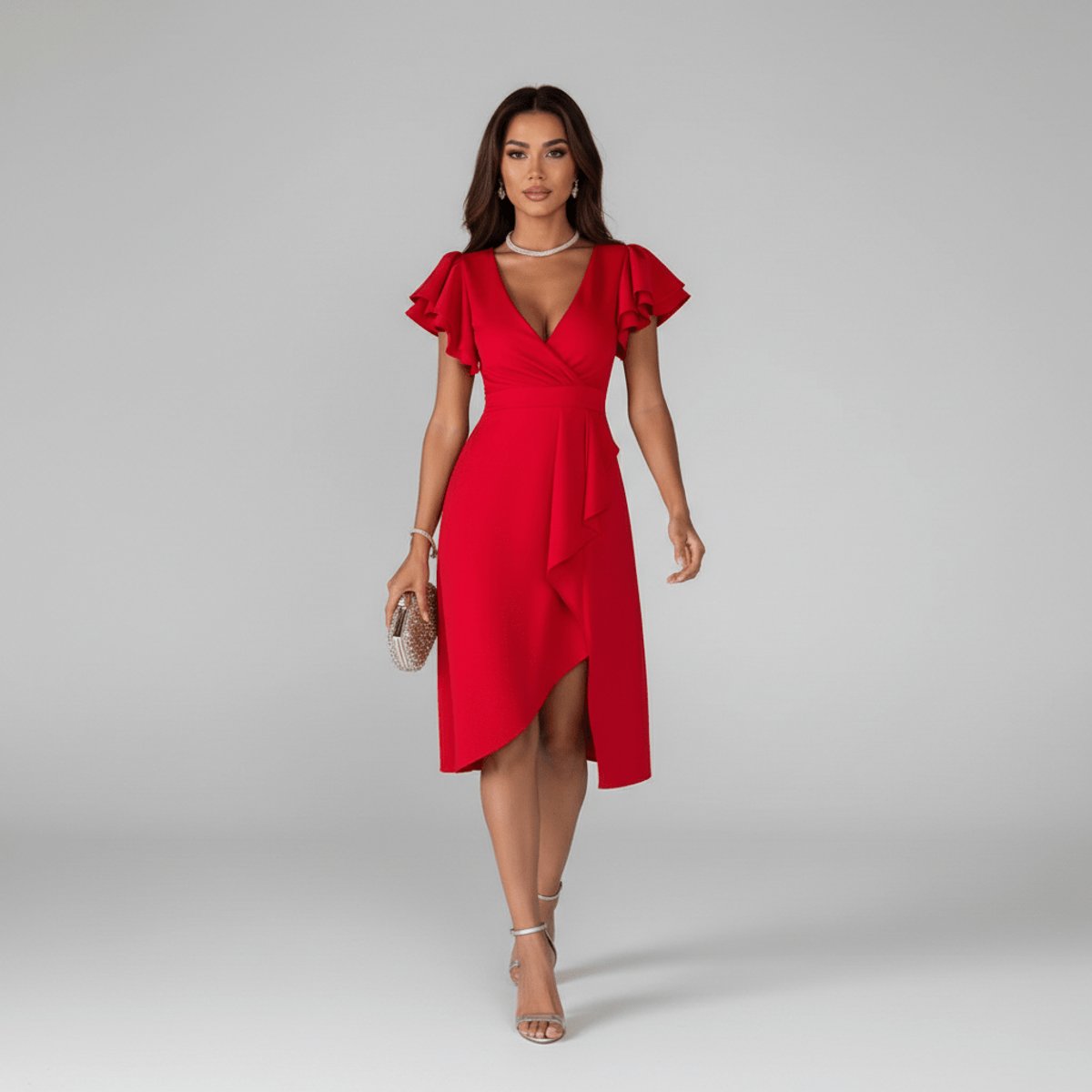 Mother of the Bride Dress Ruffle Sleeve Asymmetric Wrap Midi - Vivid Red