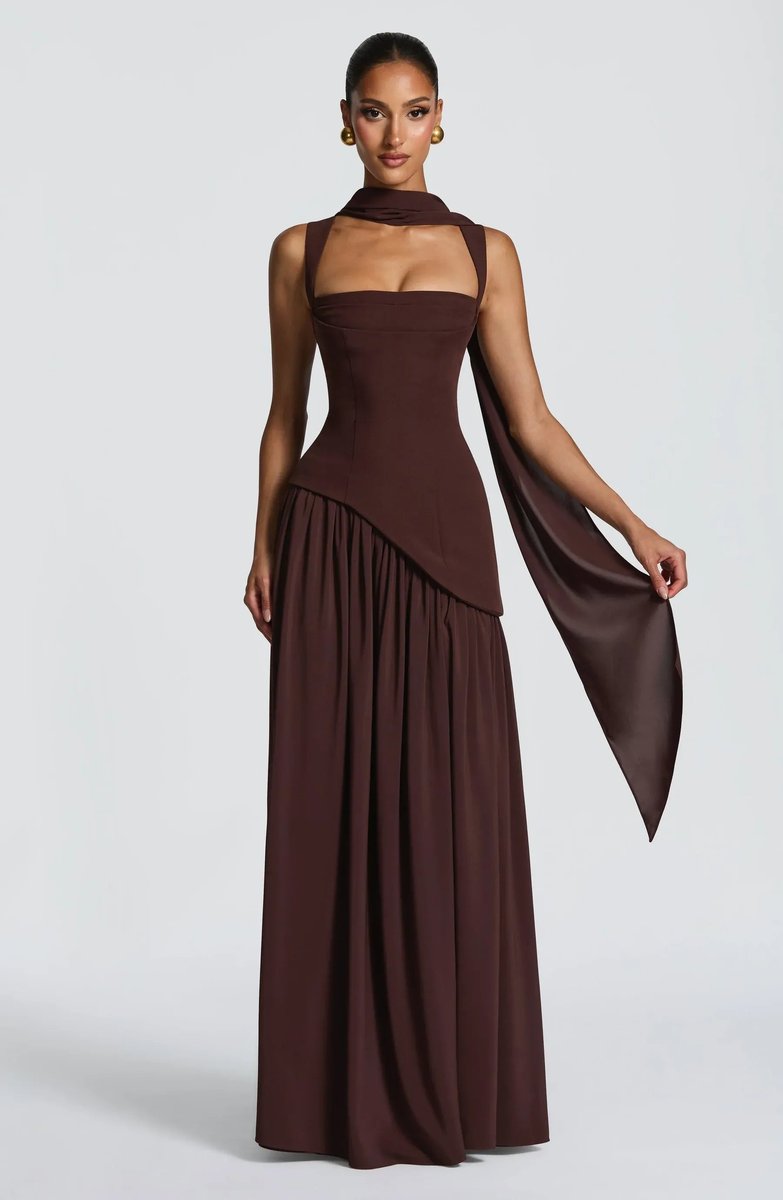 Mother of the Bride Dress Sleeveless Square Neck Fitted Waist A-Line Maxi Gown - Brown