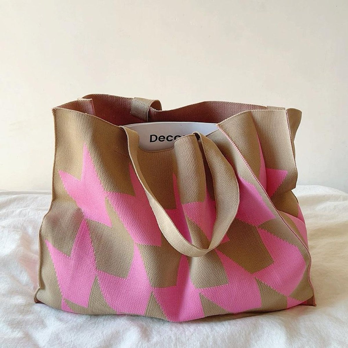 Oversized Graphic Knit Canvas Tote Shopper Bag - Rosa