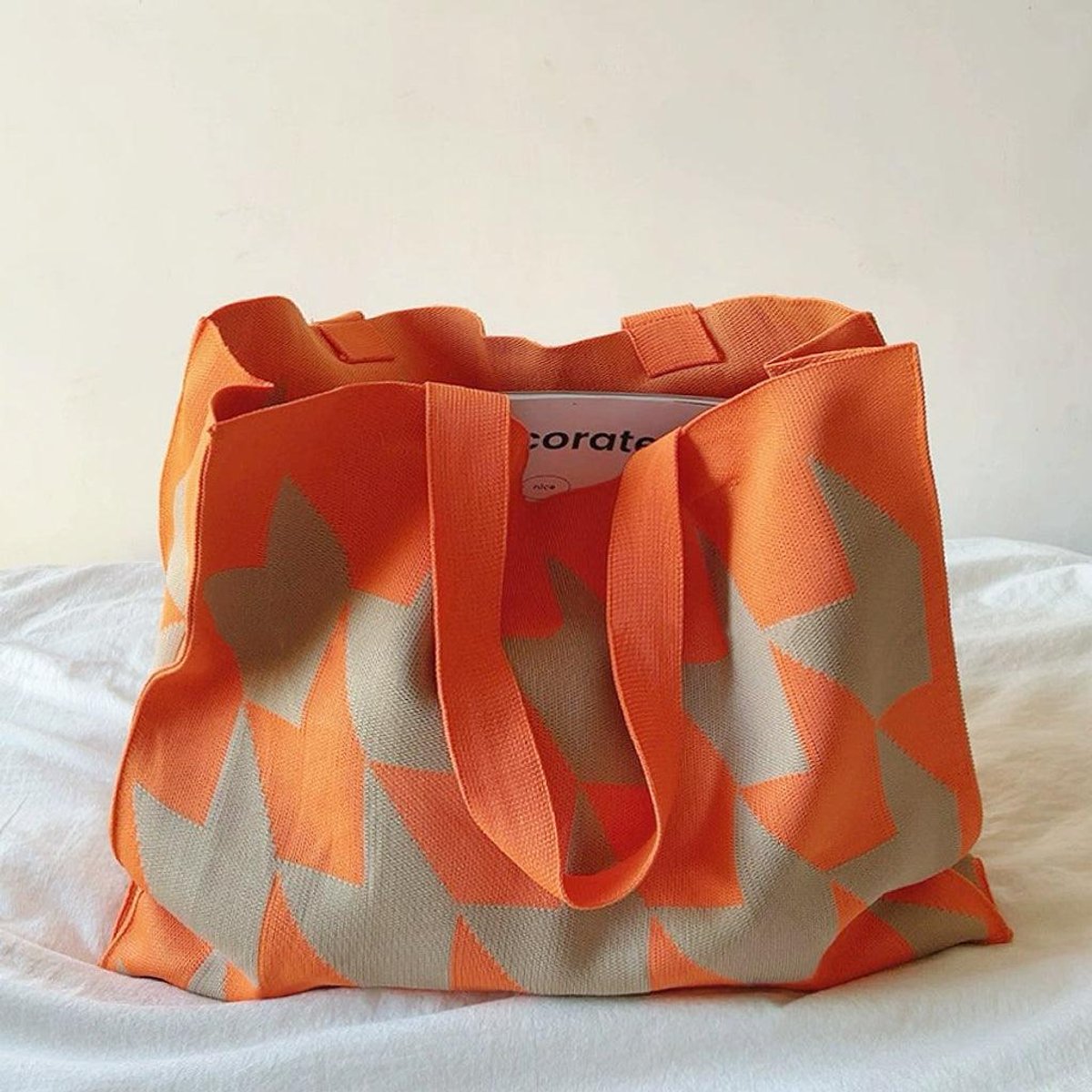 Oversized Graphic Knit Canvas Tote Shopper Bag - Orange